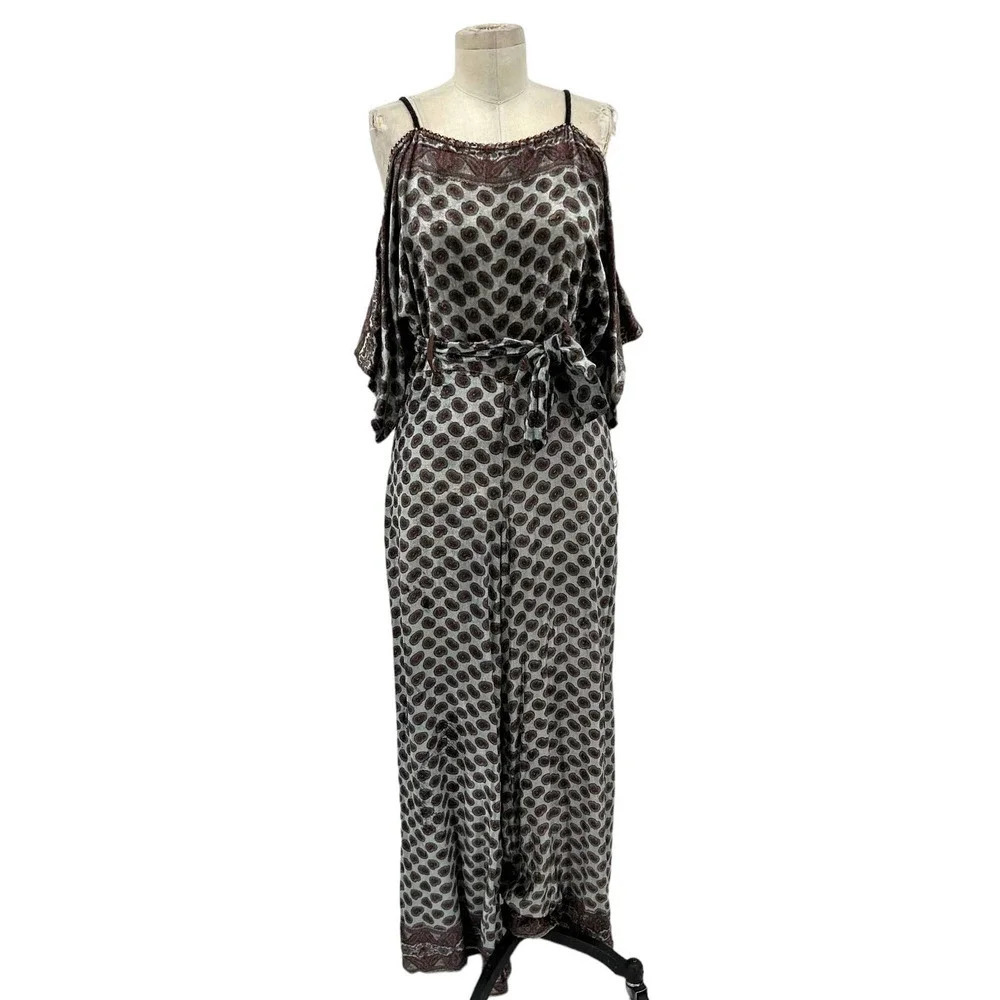 Anthropologie Bl-nk London Jumpsuit Paisley Velvet Cold Shoulder Gray Size Small